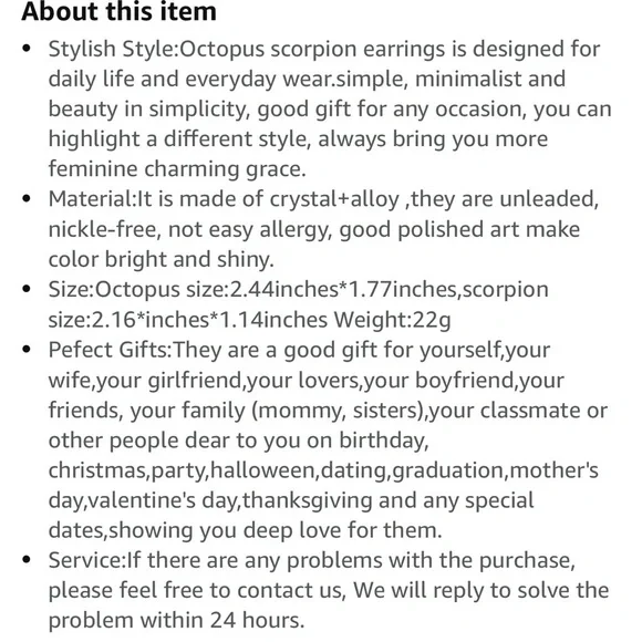 Octopus Scorpion Bedazzled Pierced Earrings. MA - Picture 5 of 5